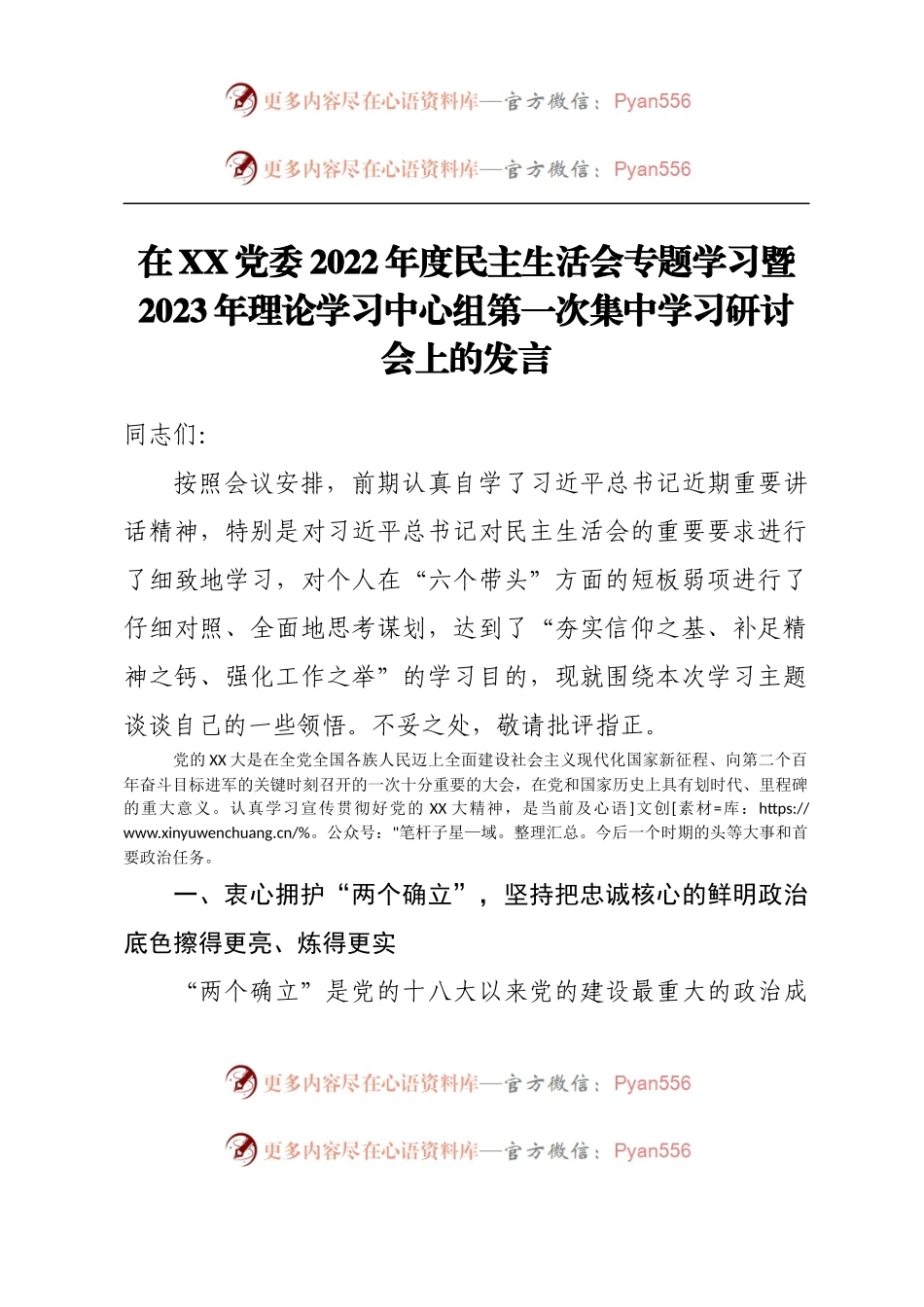 在XX党委2022年度民主生活会专题学习暨2023年理论学习中心组第一次集中学习研讨会上的发言.docx_第1页