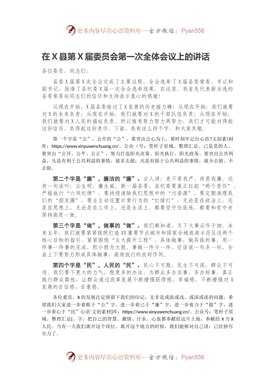 在X县第X届委员会第一次全体会议上的讲话.docx_第1页