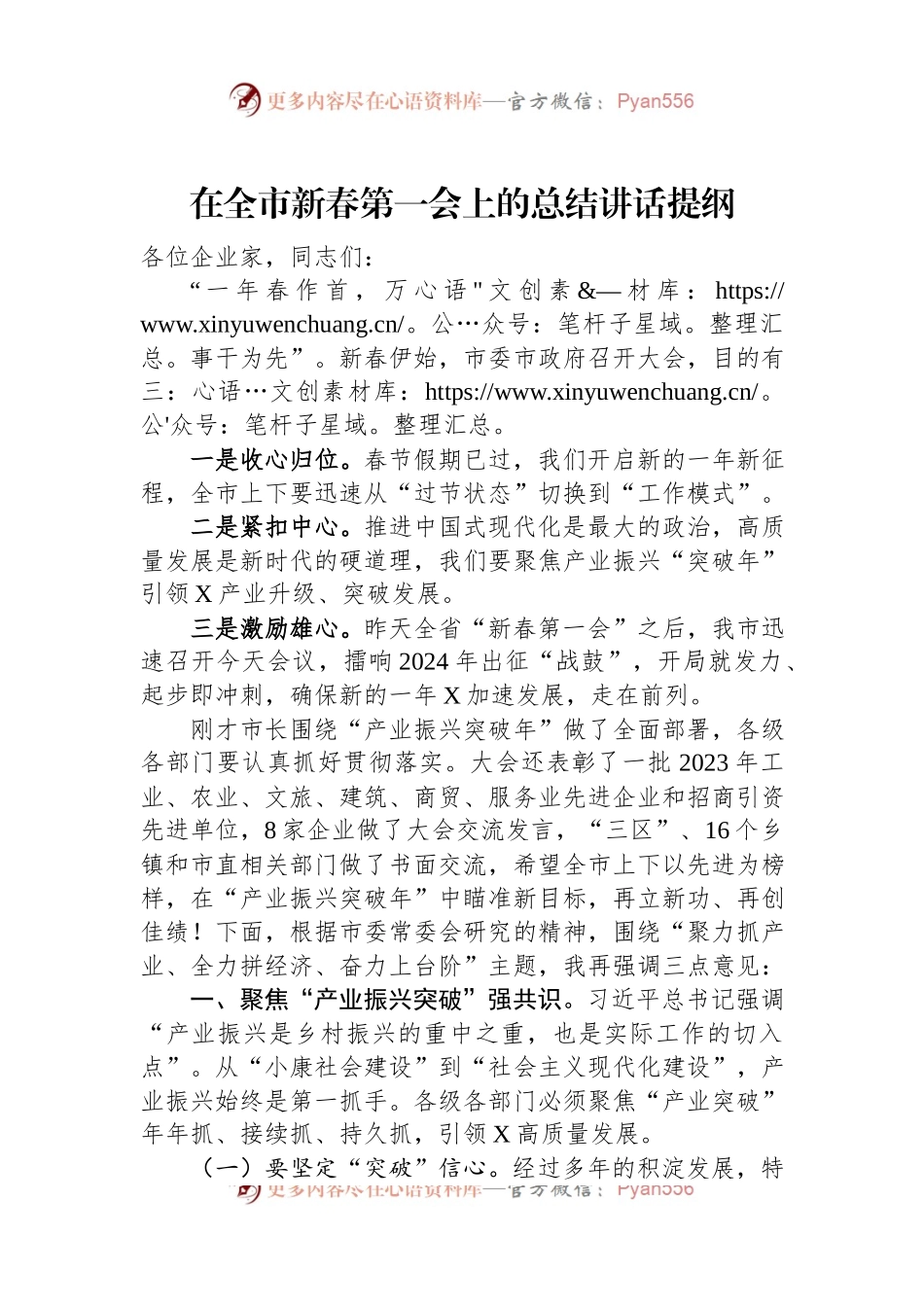 在全市新春第一会上的总结讲话稿提纲.docx_第1页