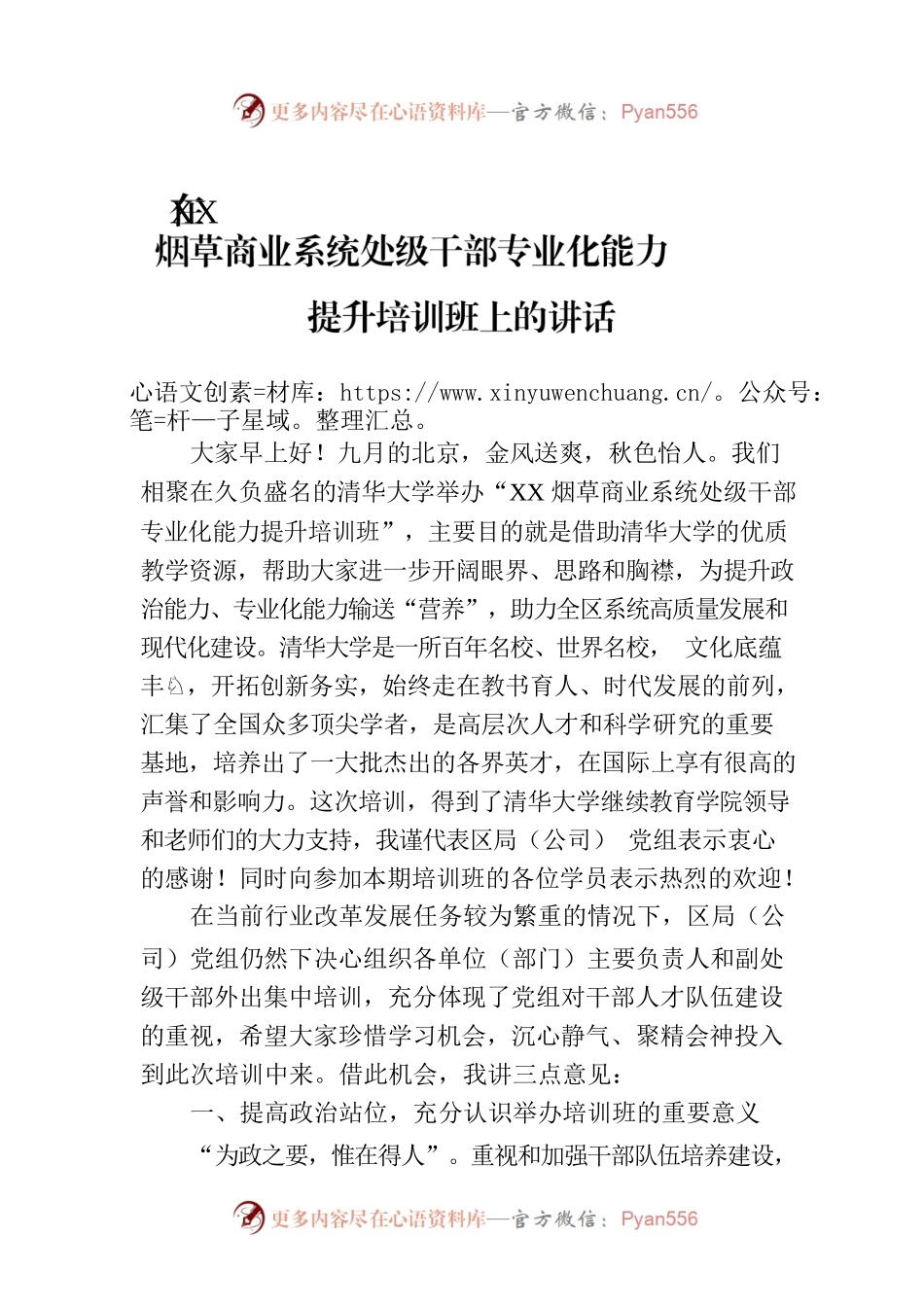 在XX烟草商业系统处级干部专业化能力提升培训班上的讲话.docx_第1页