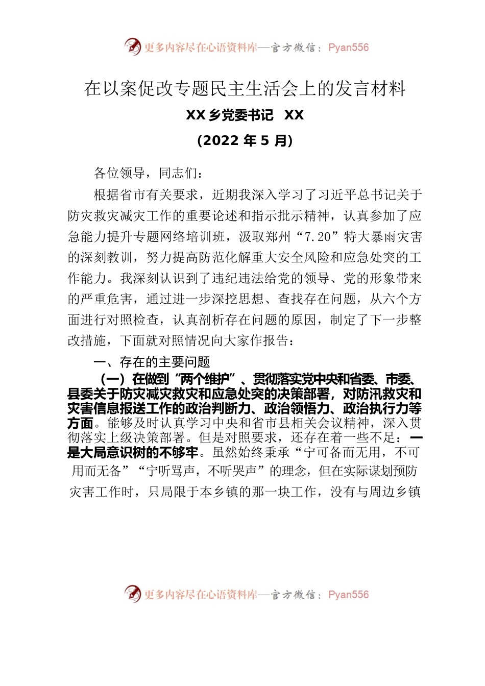 在以案促改专题民主生活会上的发言材料（202205）.docx_第1页