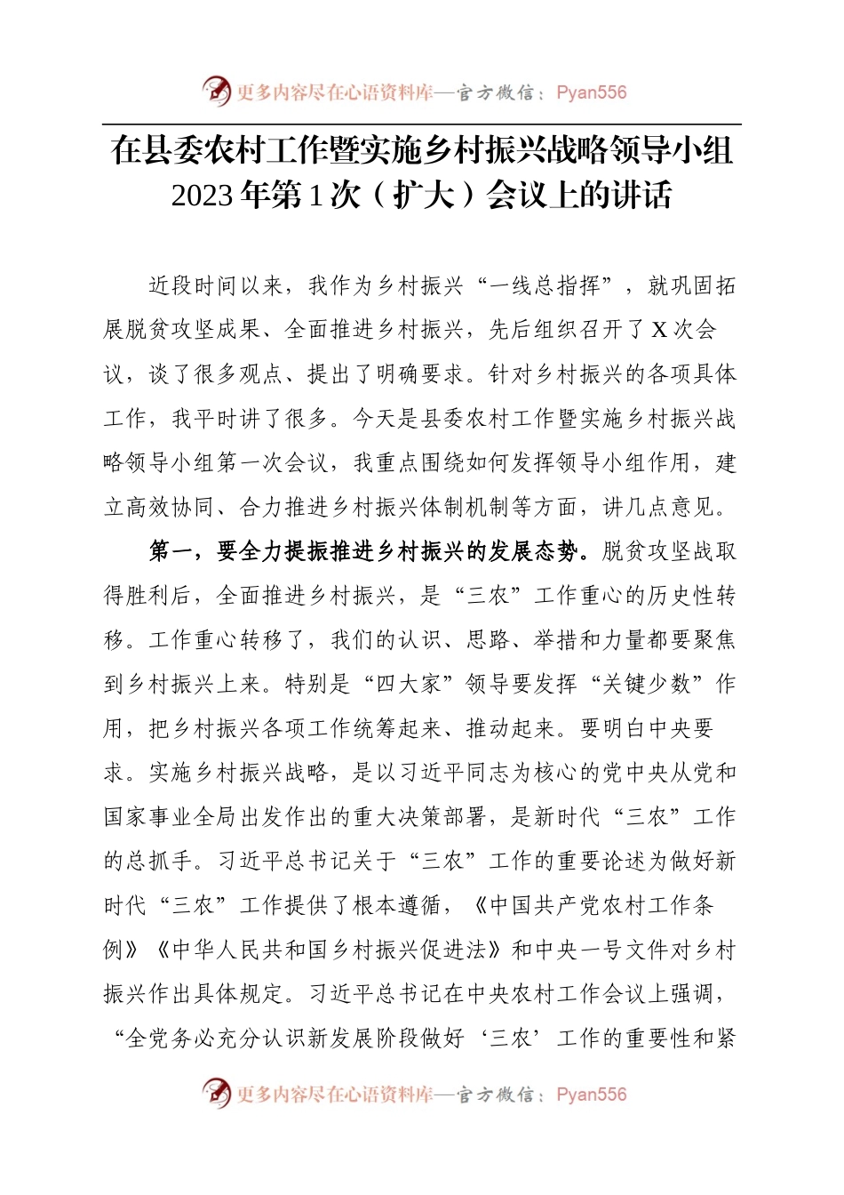 在县委农村工作暨实施乡村振兴战略领导小组2023年第1次会议上的讲话.docx_第1页