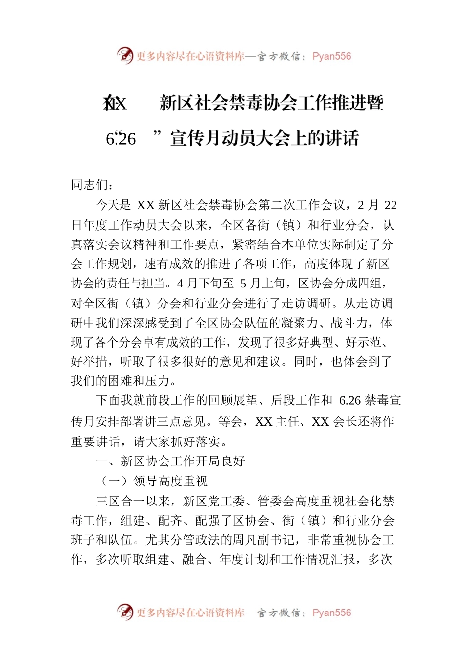 在XX新区社会禁毒协会工作推进暨“6.26”宣传月动员大会上的讲话.docx_第1页