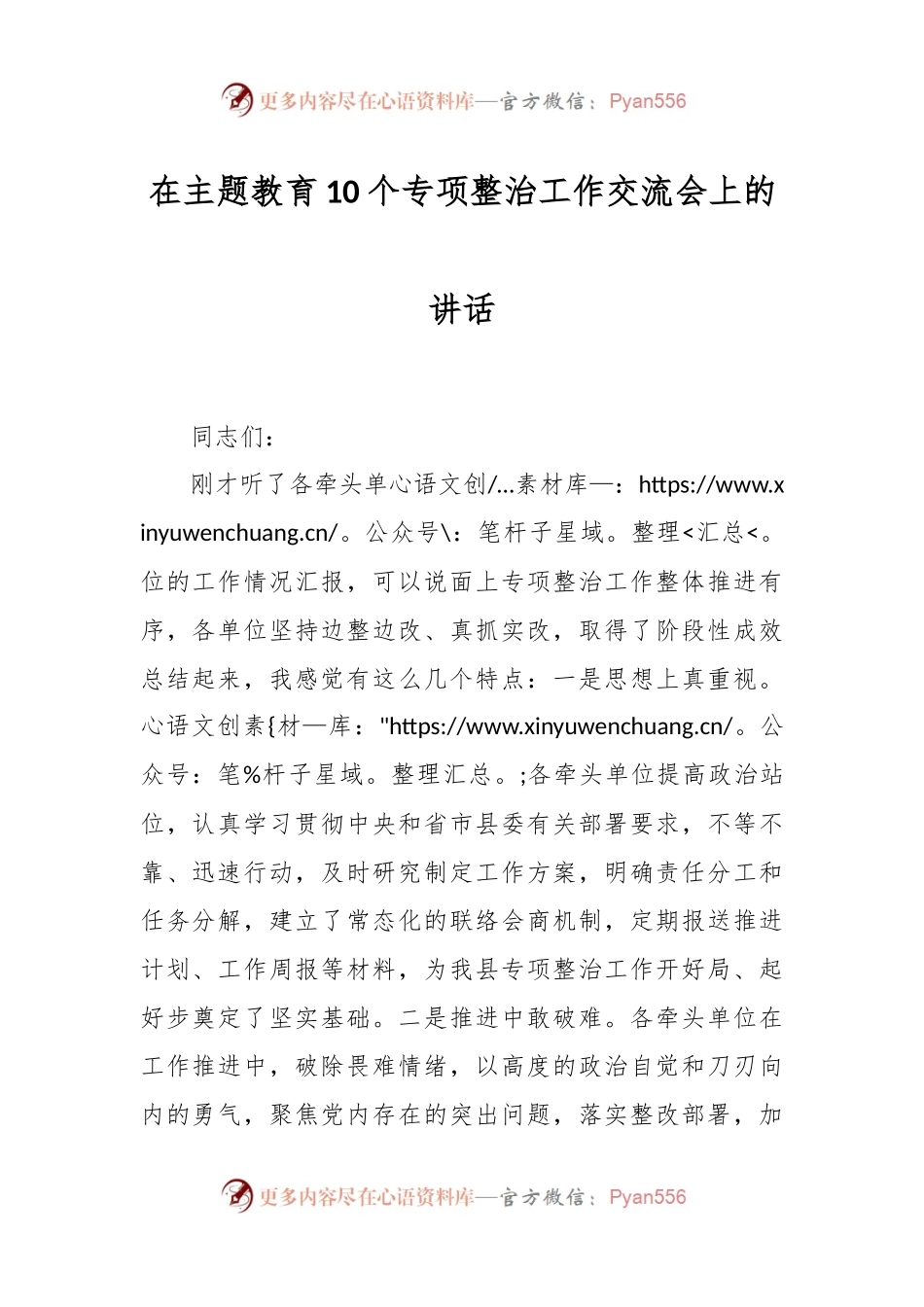 在主题教育10个专项整治工作交流会上的讲话稿.docx_第1页