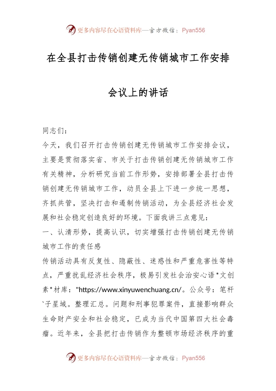 在全县打击传销创建无传销城市工作安排会议上的讲话.docx_第1页