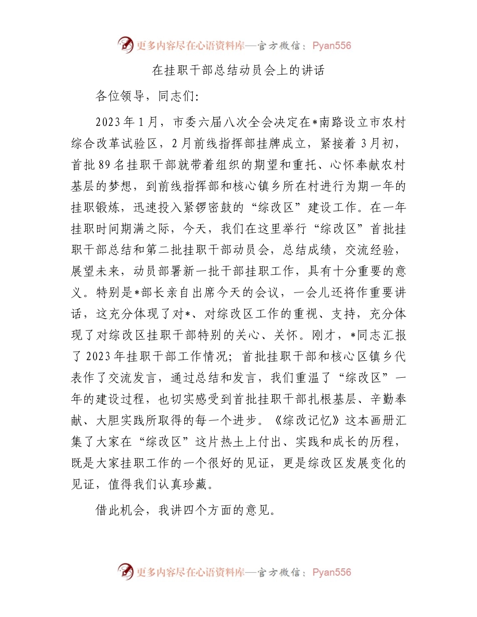 在挂职干部总结动员会上的讲话.docx_第1页