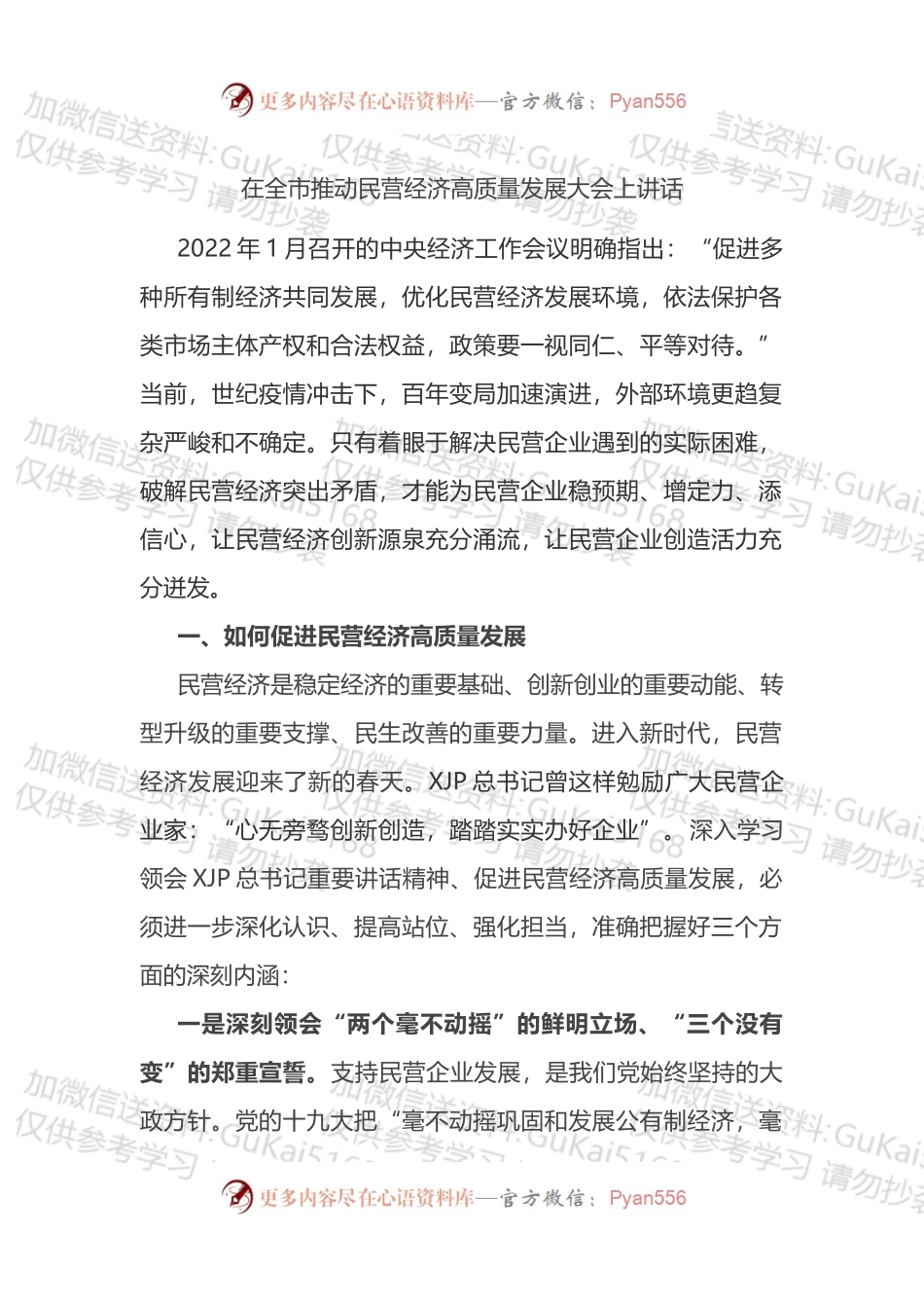 在全市推动民营经济高质量发展大会上讲话.docx_第1页