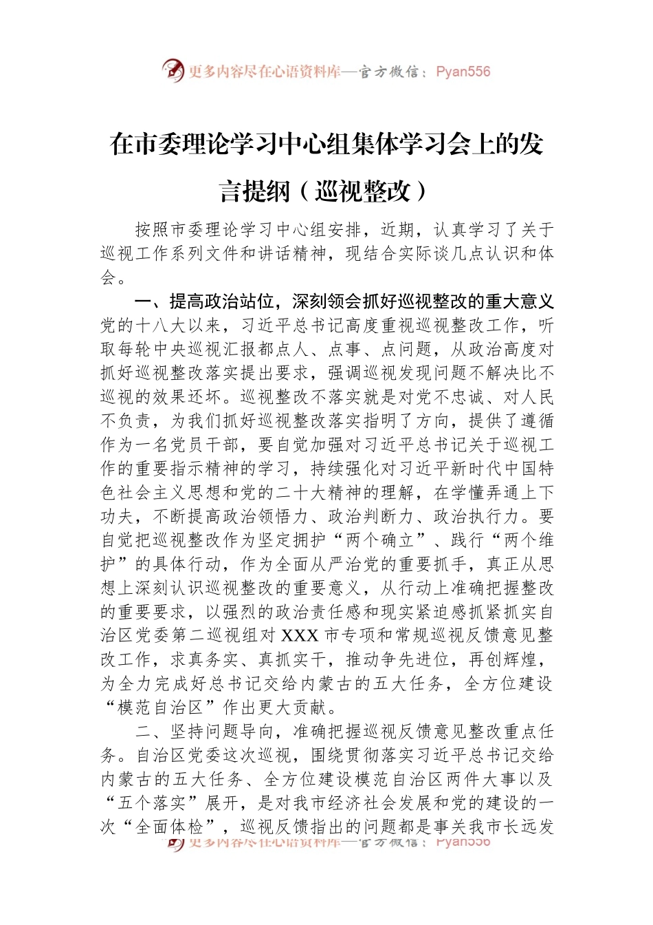 在市委理论学习中心组集体学习会上的发言提纲（巡视整改）.docx_第1页