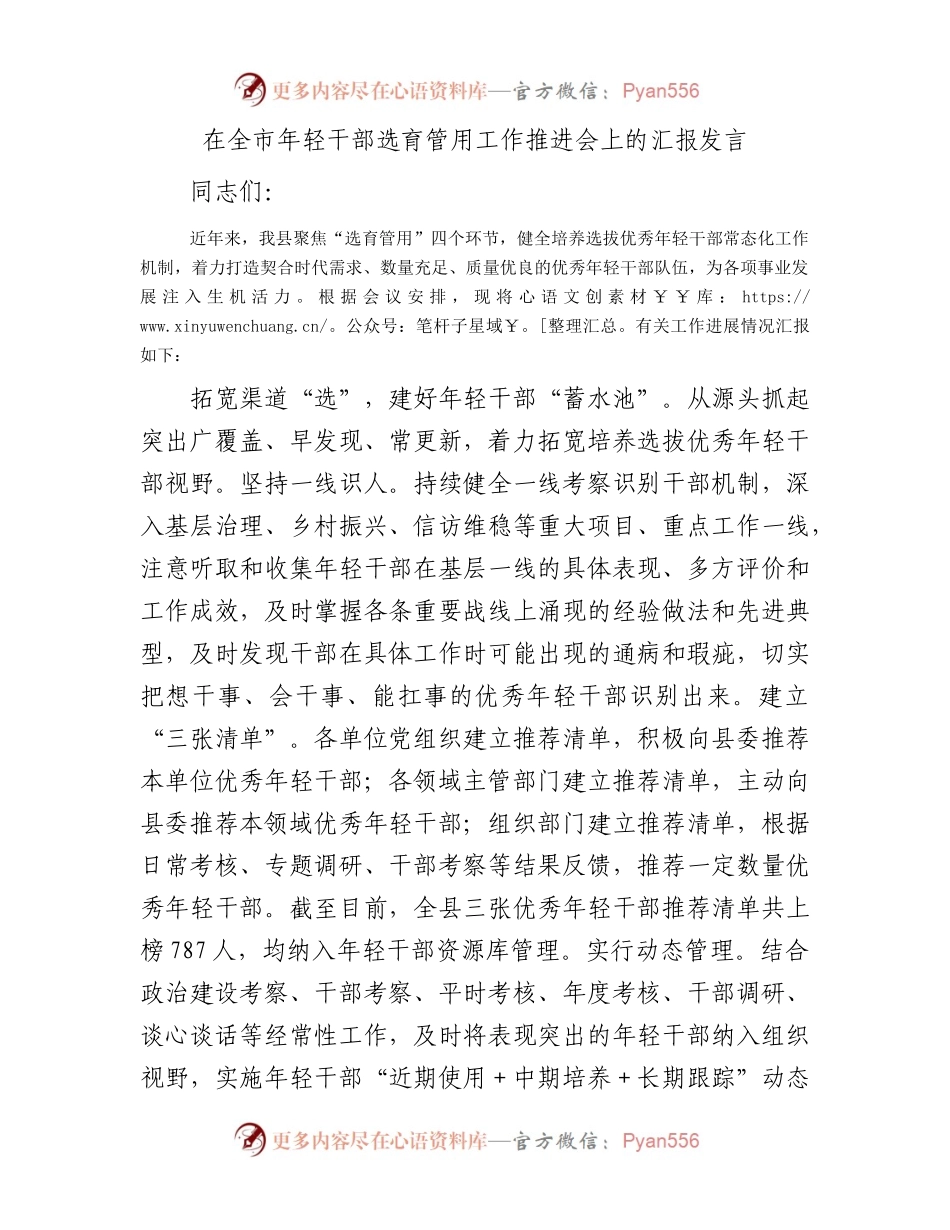 在全市年轻干部选育管用工作推进会上的汇报发言.docx_第1页