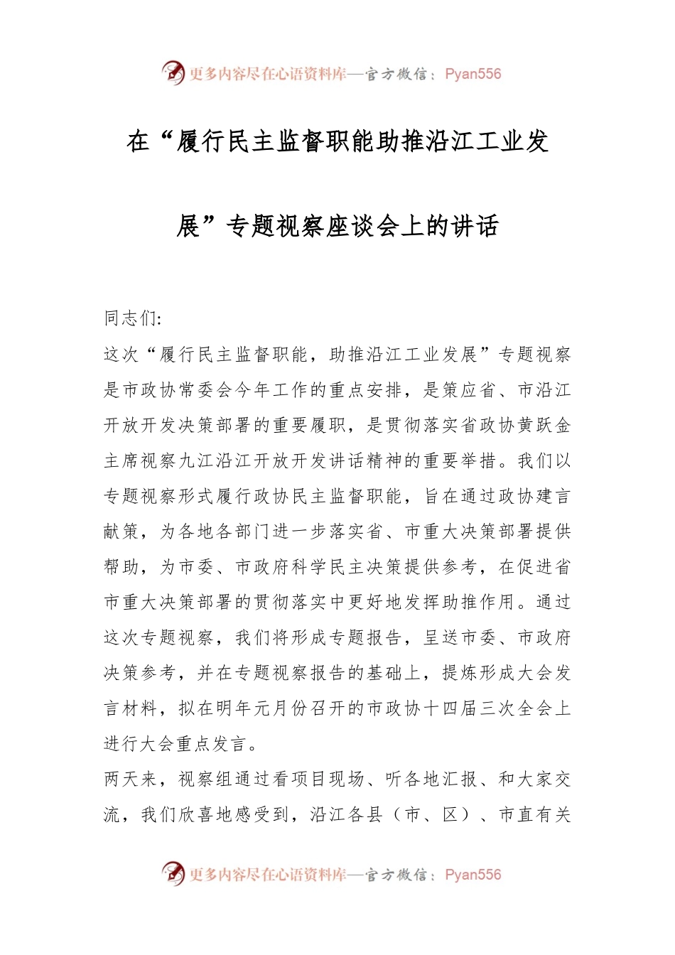 在“履行民主监督职能 助推沿江工业发展”专题视察座谈会上的讲话.docx_第1页