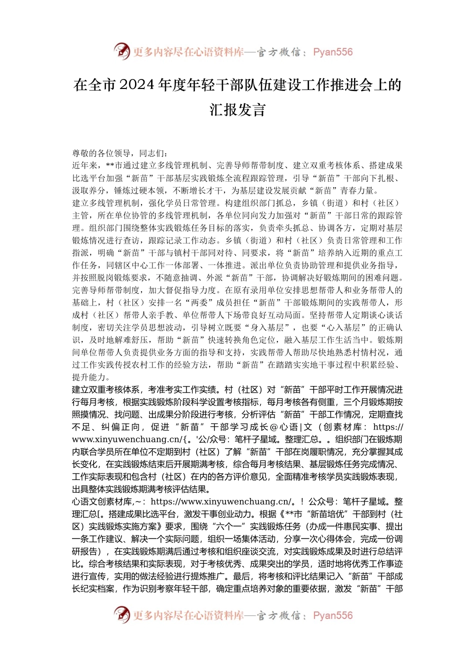 在全市2024年度年轻干部队伍建设工作推进会上的汇报发言.docx_第1页
