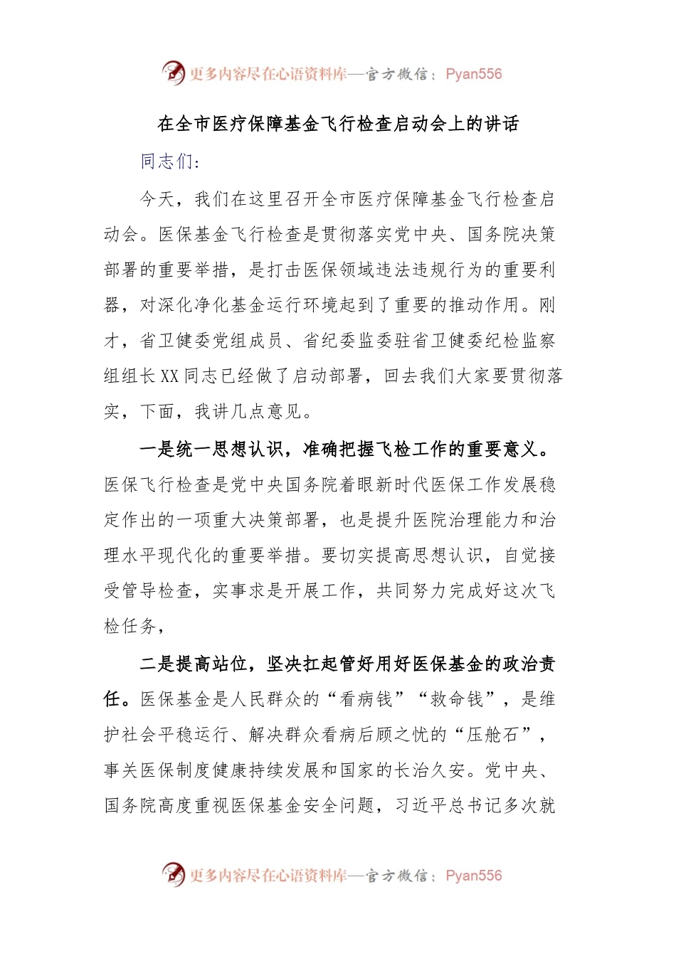 在全市医疗保障基金飞行检查启动会上的讲话.docx_第1页