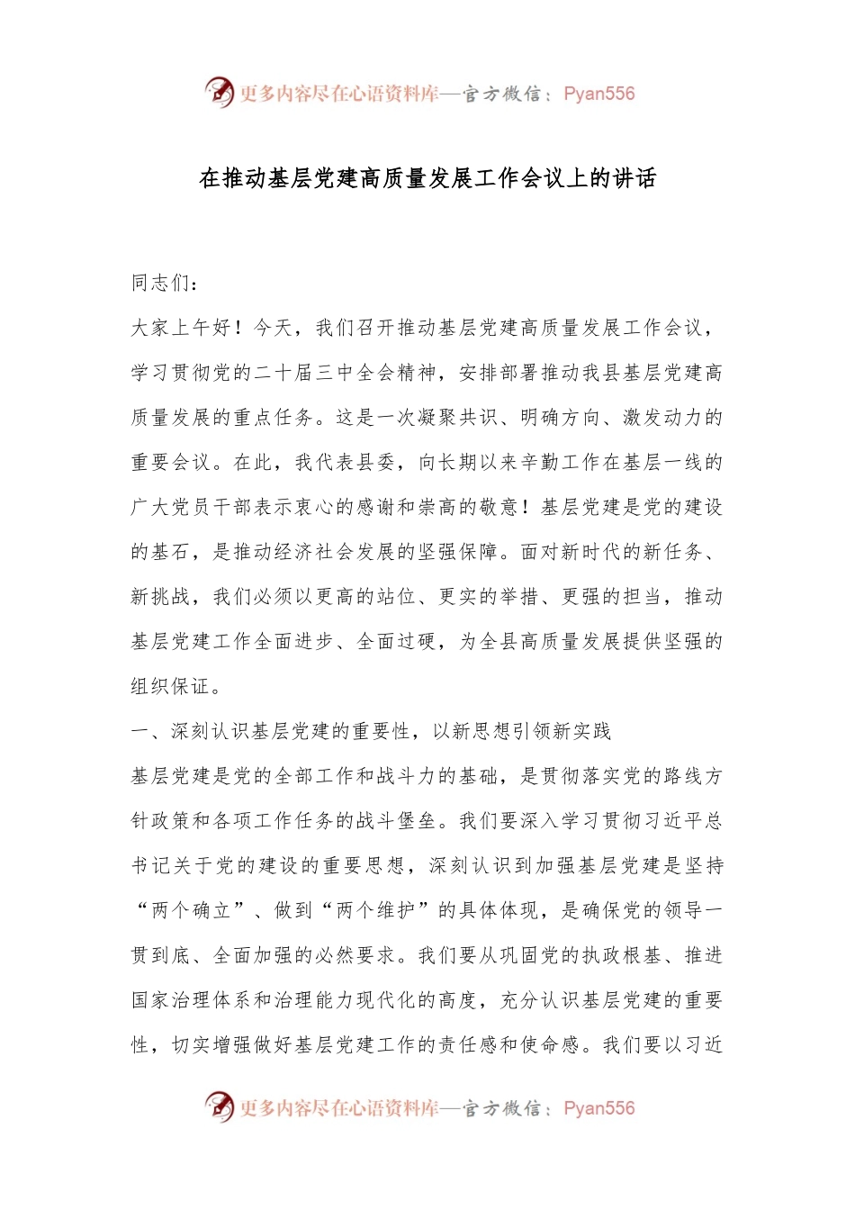 在推动基层党建高质量发展工作会议上的讲话.docx_第1页