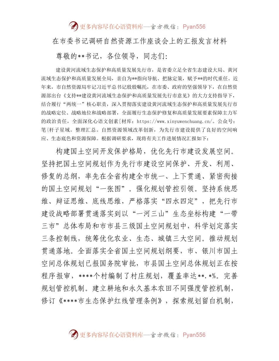 在市委书记调研自然资源工作座谈会上的汇报发言材料.docx_第1页