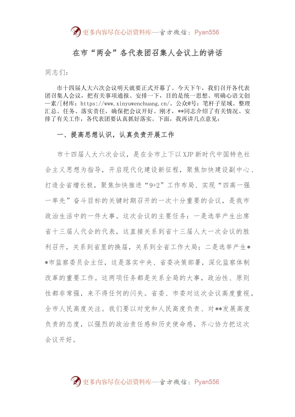在市“两会”各代表团召集人会议上的讲话.docx_第1页