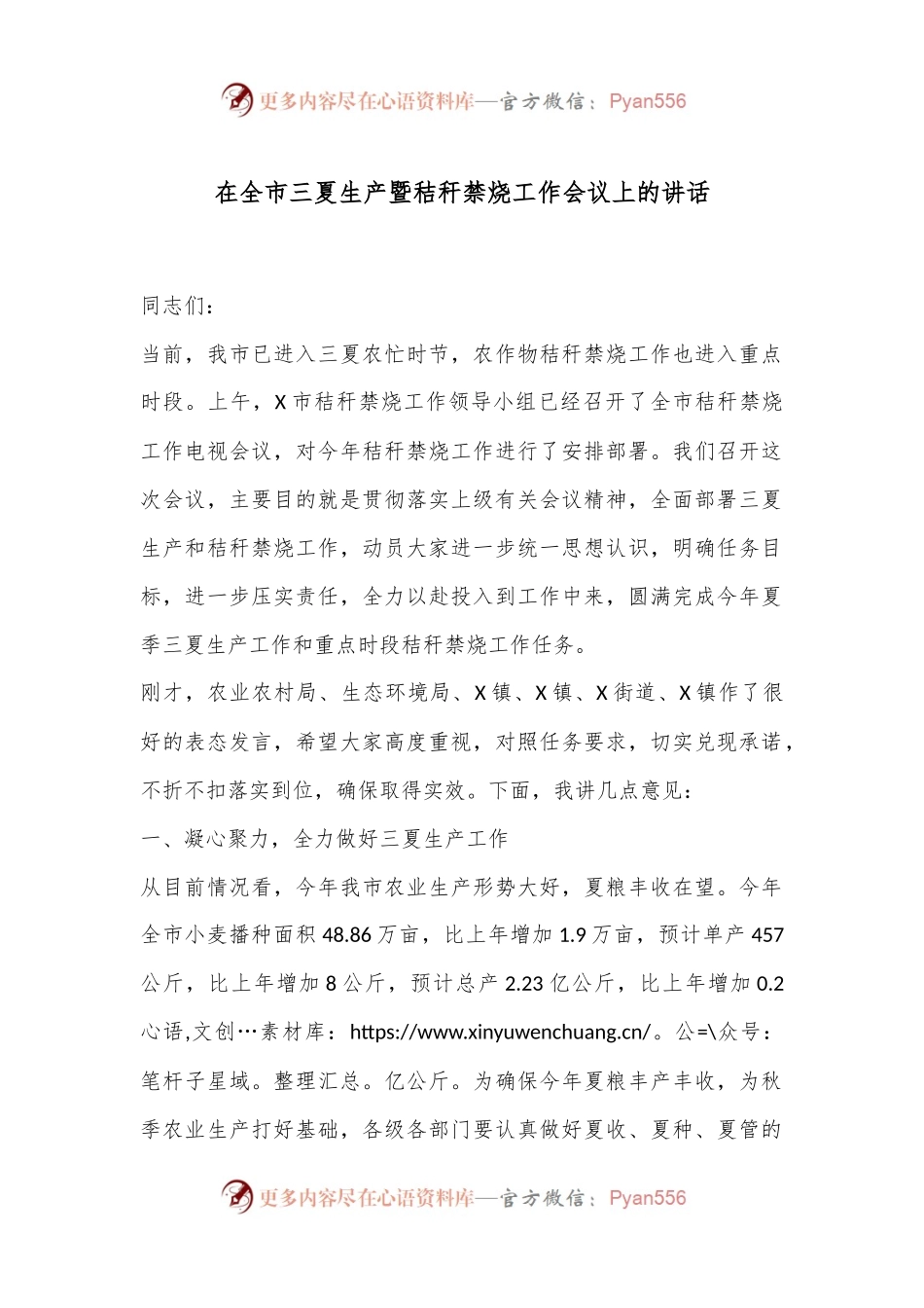 在全市三夏生产暨秸秆禁烧工作会议上的讲话.docx_第1页