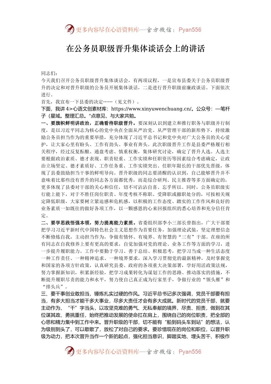 在公务员职级晋升集体谈话会上的讲话.docx_第1页