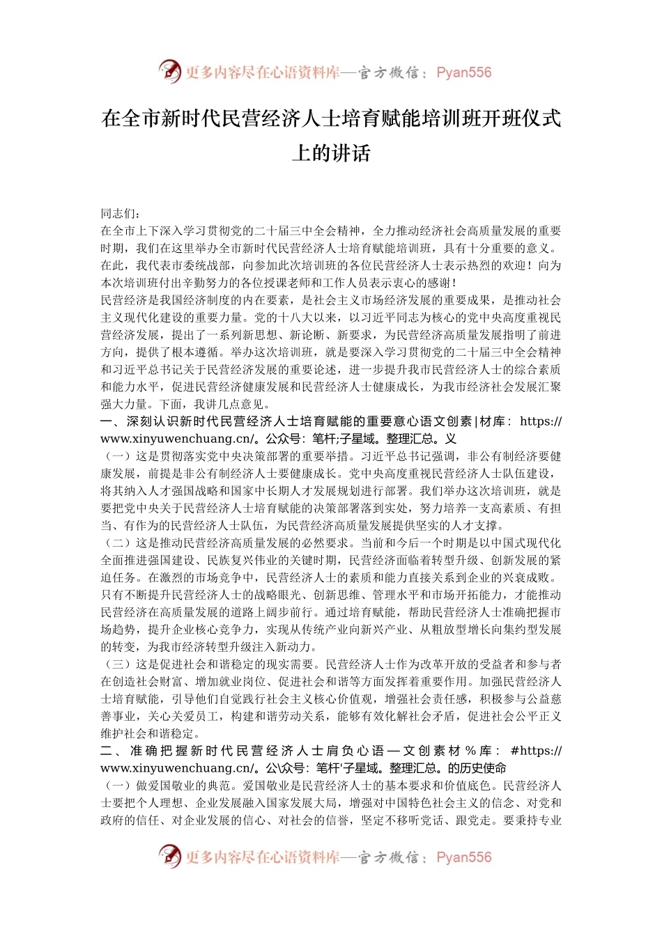 在全市新时代民营经济人士培育赋能培训班开班仪式上的讲话.docx_第1页