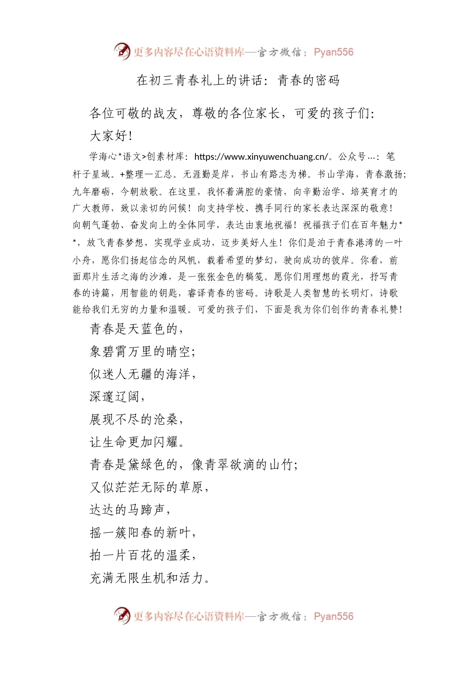 在初三青春礼上的讲话：青春的密码.docx_第1页