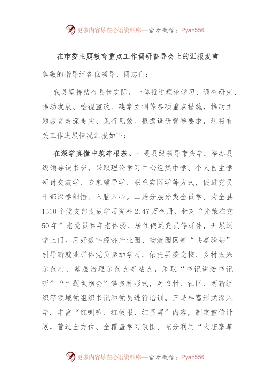 在市委主题教育重点工作调研督导会上的汇报发言.docx_第1页