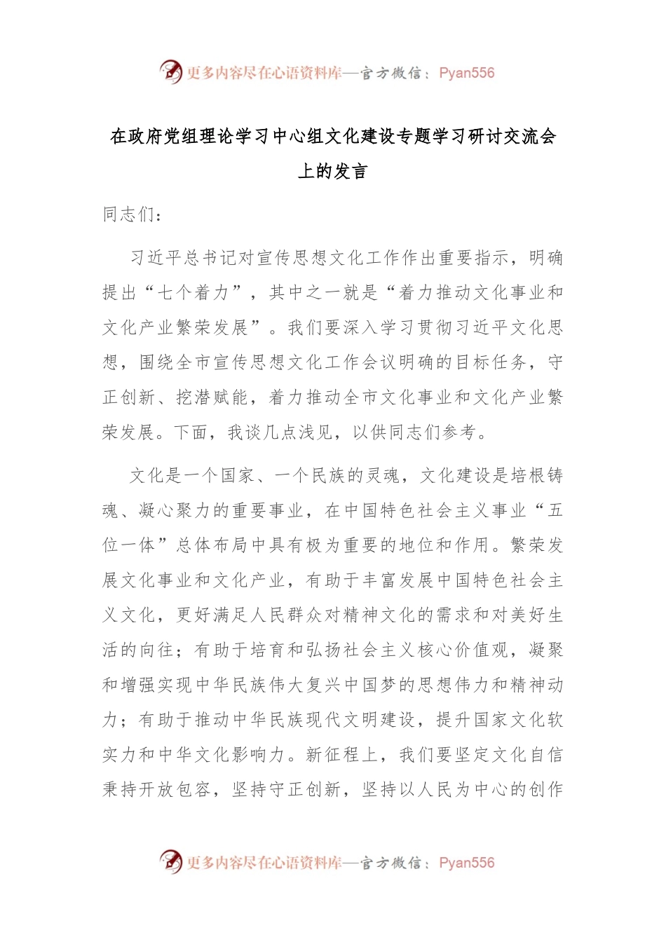 在政府党组理论学习中心组文化建设专题学习研讨交流会上的发言.docx_第1页