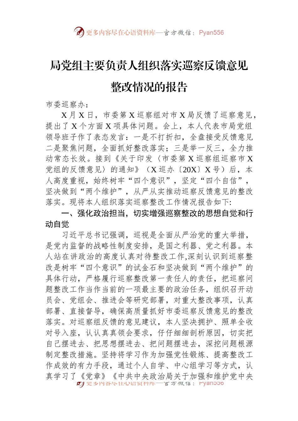 局党组主要负责人组织落实巡察反馈意见整改情况的报告.docx_第1页