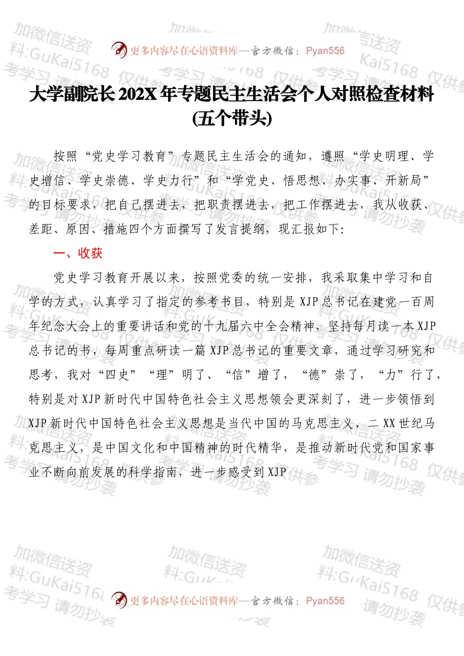 大学副院长202X年专题民主生活会个人对照检查材料（五个带头）.docx_第1页