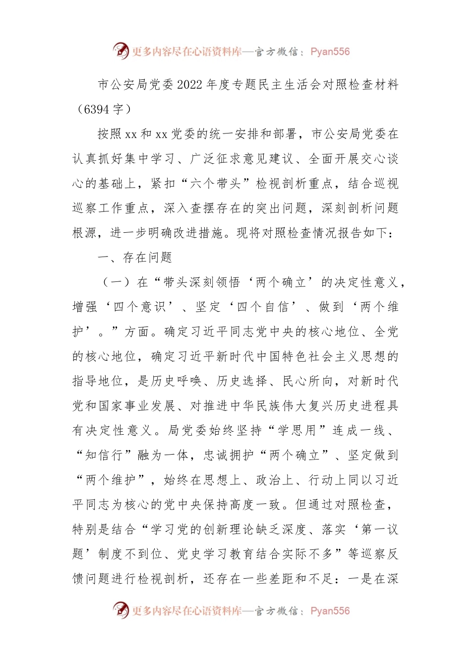 市公安局党委2022年度专题民主生活会对照检查材料.docx_第1页