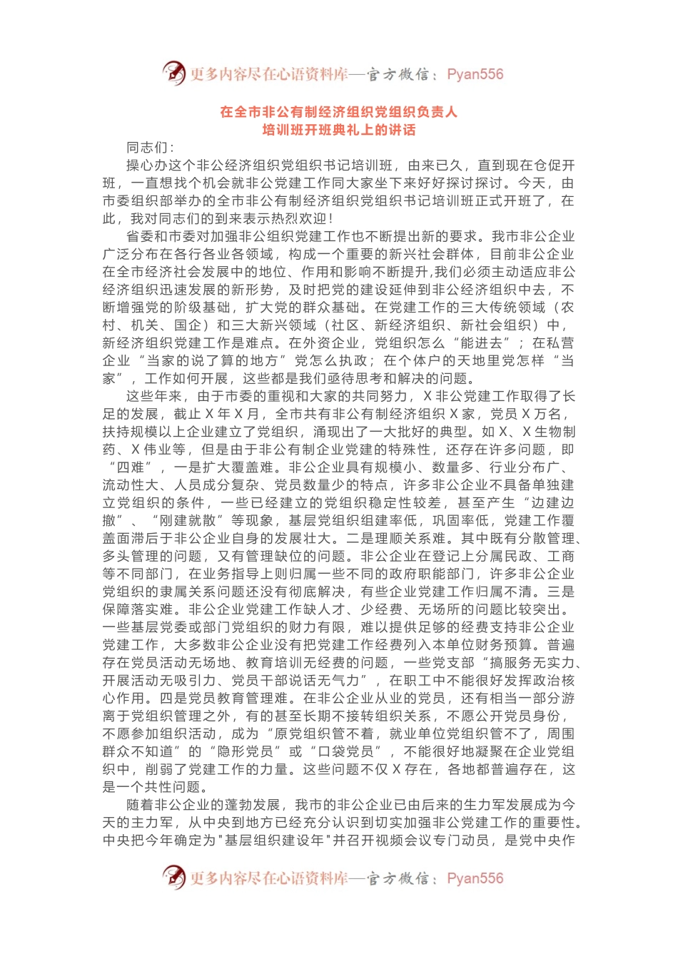 在非公企业党组织负责人培训班开班典礼上的讲话.docx_第1页