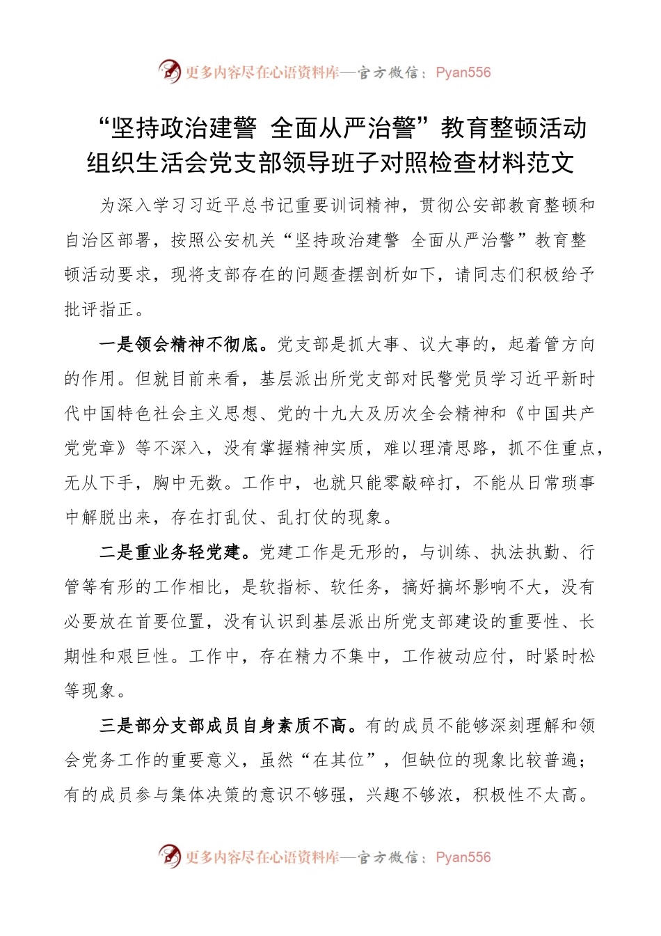 坚持政治建警全面从严治警教育整顿活动组织生活会党支部领导班子对照检查材料.docx_第1页