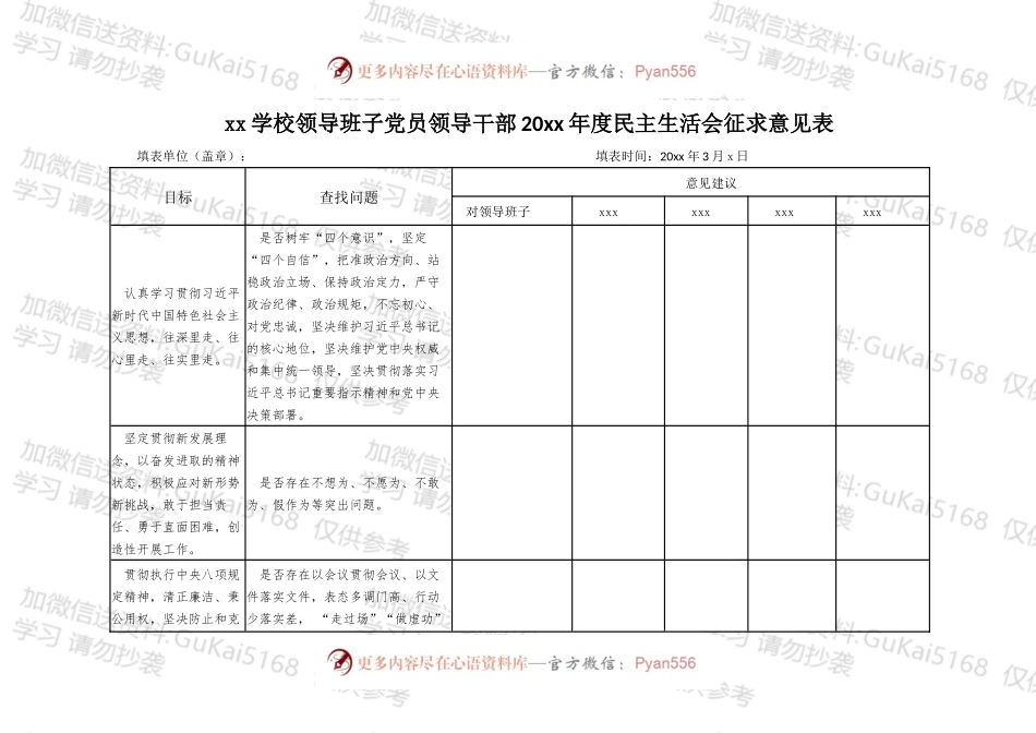 学校20xx年民主生活会征求意见表.docx_第1页