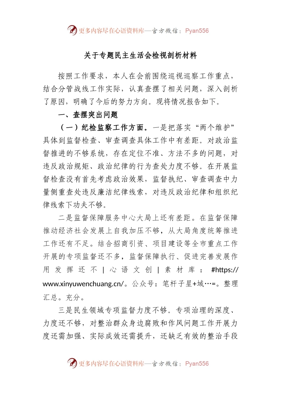 巡视巡察专题民主生活会检视剖析材料.docx_第1页
