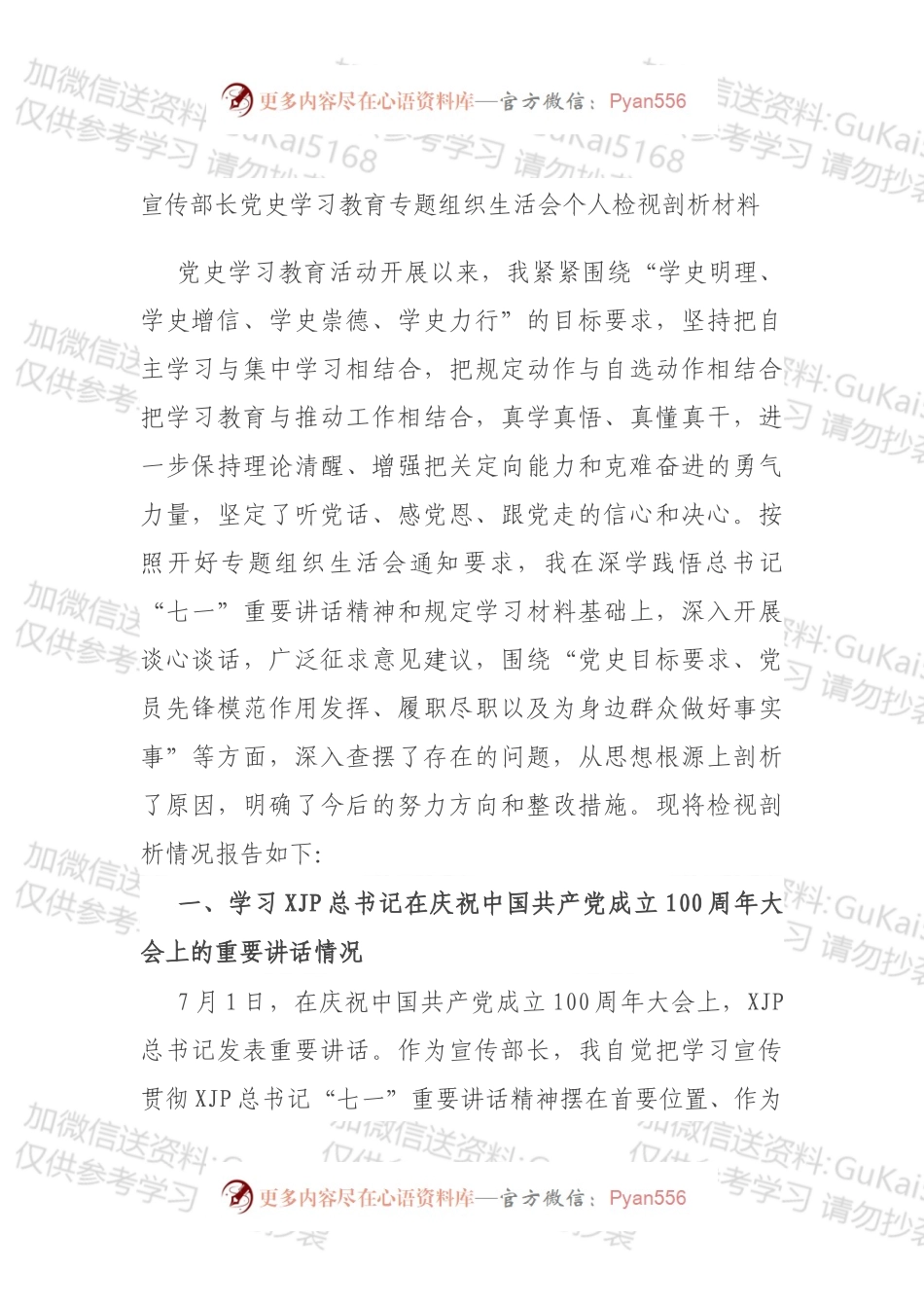 宣传部长党史学习教育专题组织生活会个人检视剖析材料（1）.docx_第1页