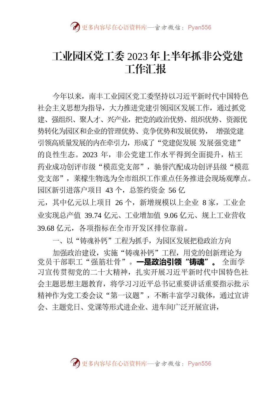 工业园区党工委2023年上半年抓非公党建工作汇报20231007docx.docx_第1页