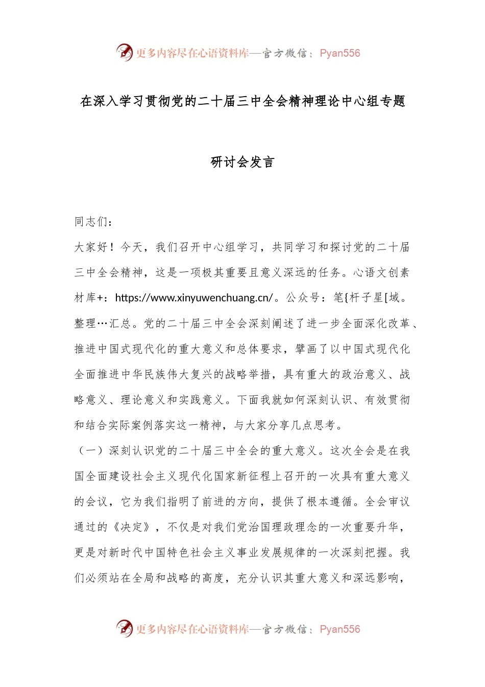 在深入学习贯彻党的二十届三中全会精神理论中心组专题研讨会发言.docx_第1页