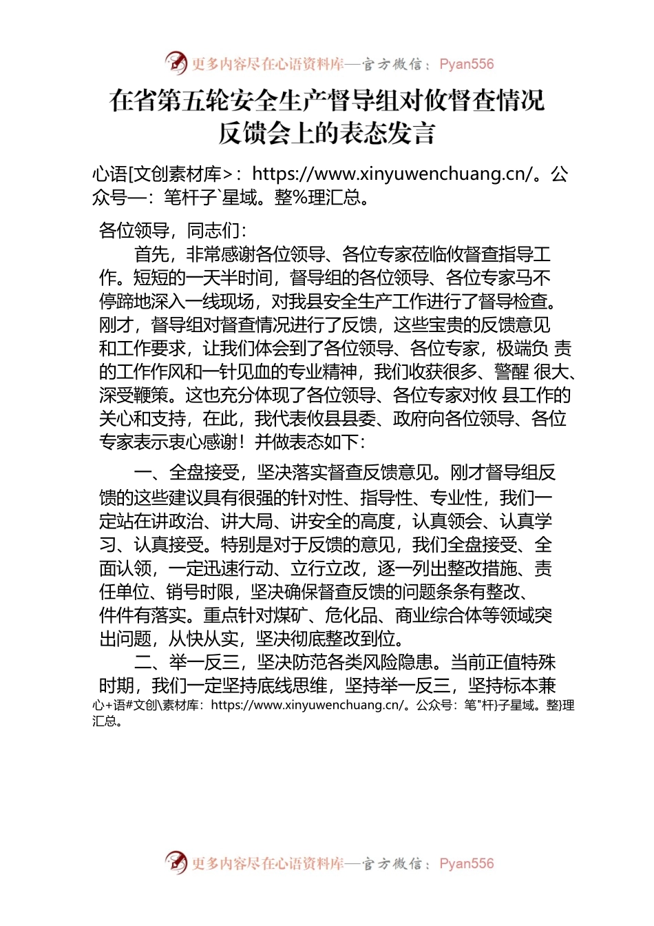 在省第五轮安全生产督导组对攸督查情况反馈全上的表态发言.docx_第1页