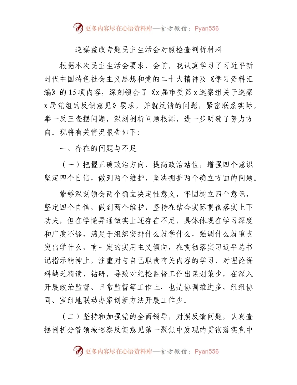 巡察整改专题民主生活会个人对照检查3500字.docx_第1页