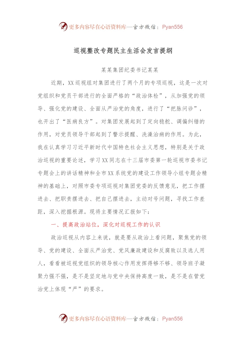 巡视整改专题民主生活会发言提纲（一）.docx_第1页