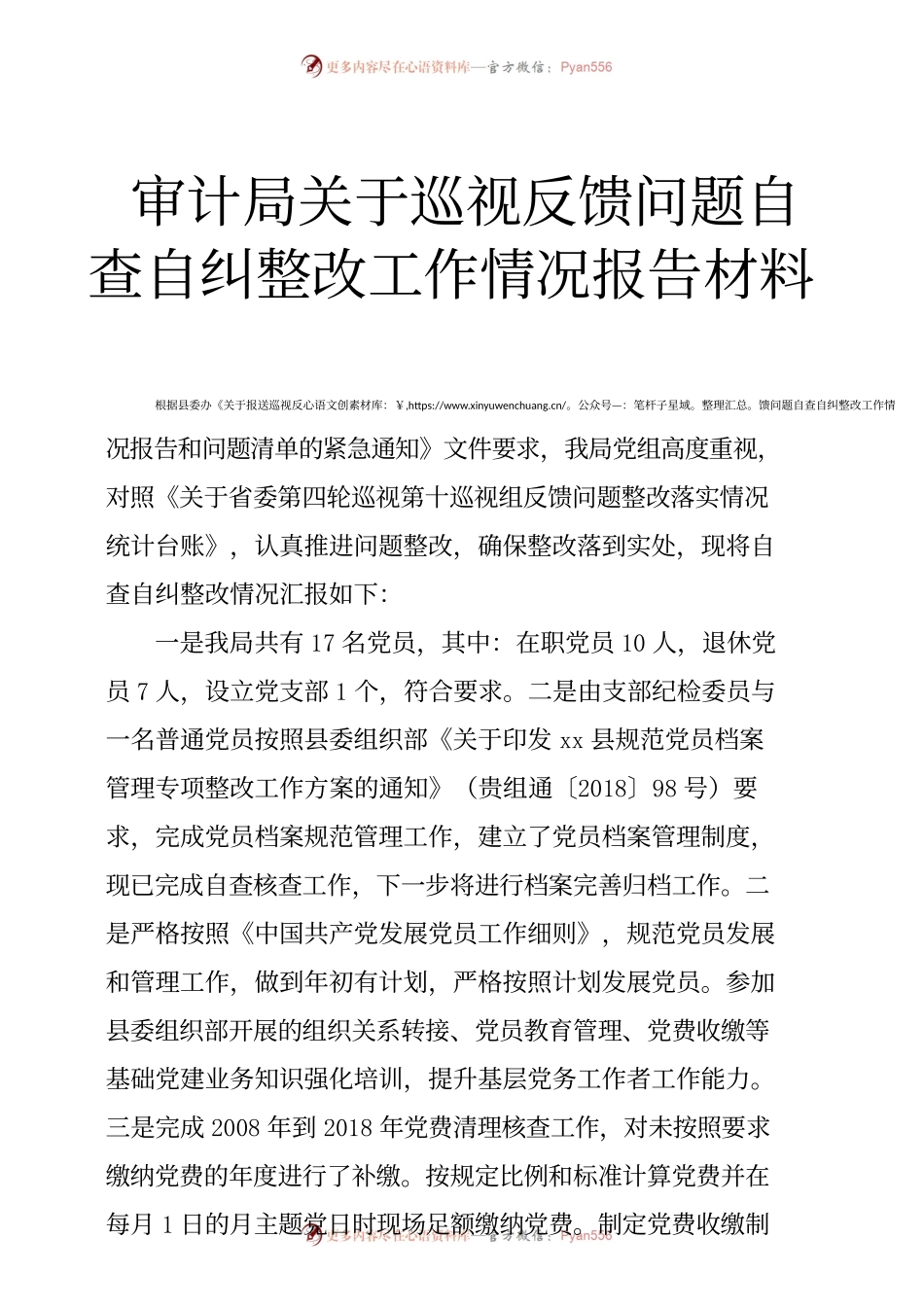 审计局关于巡视反馈问题自查自纠整改工作情况报告材料 .docx_第1页