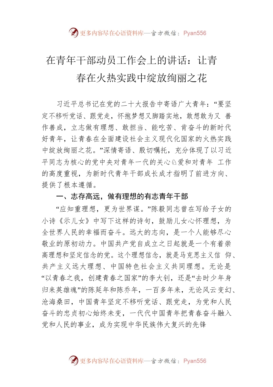 在青年干部动员工作会上的讲话：让青春在火热实践中绽放绚丽之花.docx_第1页