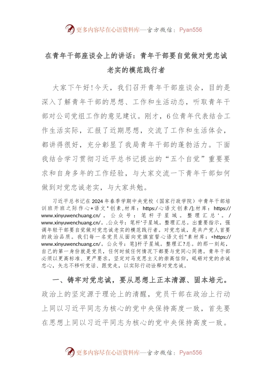 在青年干部座谈会上的讲话：青年干部要自觉做对党忠诚老实的模范践行者.docx_第1页