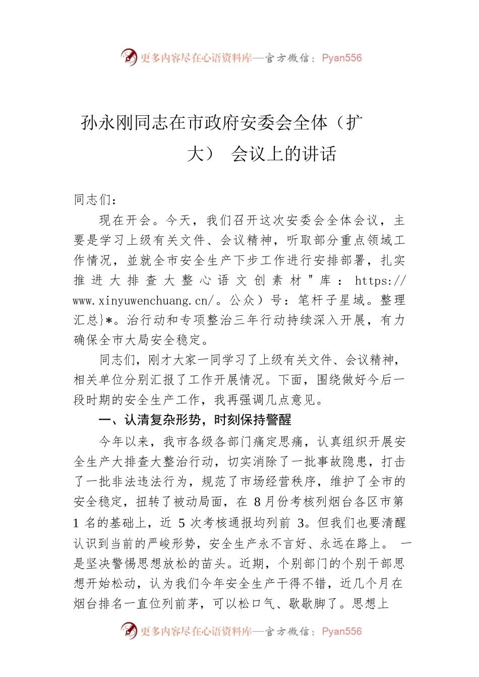 孙永刚同志在市政府安委会全体（扩大）会议上的讲话.docx_第1页