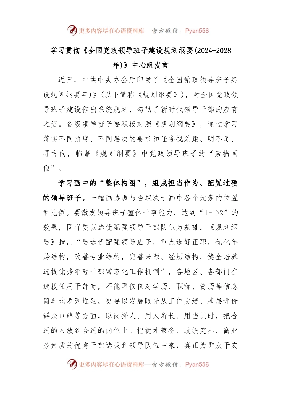 学习贯彻《全国党政领导班子建设规划纲要(2024-2028年)》中心组发言.docx_第1页
