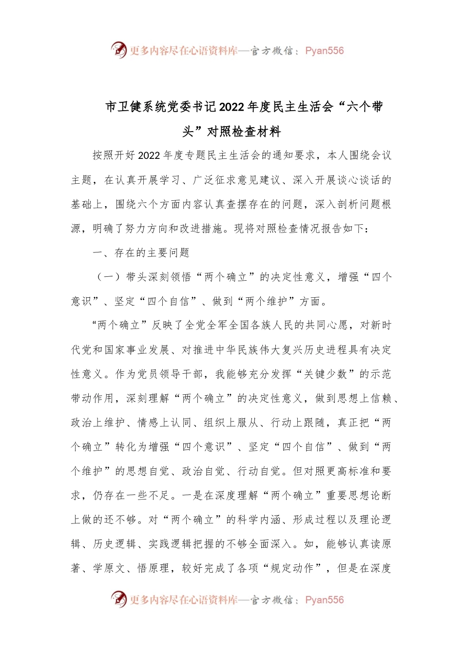 市卫健系统党委书记2022年度民主生活会.docx_第1页