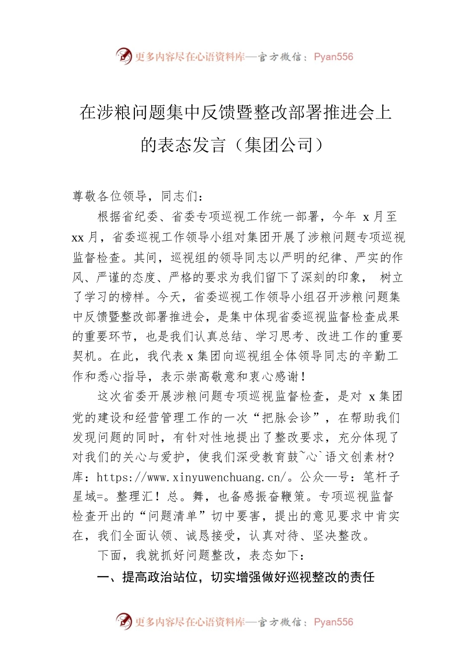 在涉粮问题集中反馈暨整改部署推进会上的表态发言（集团公司）.docx_第1页