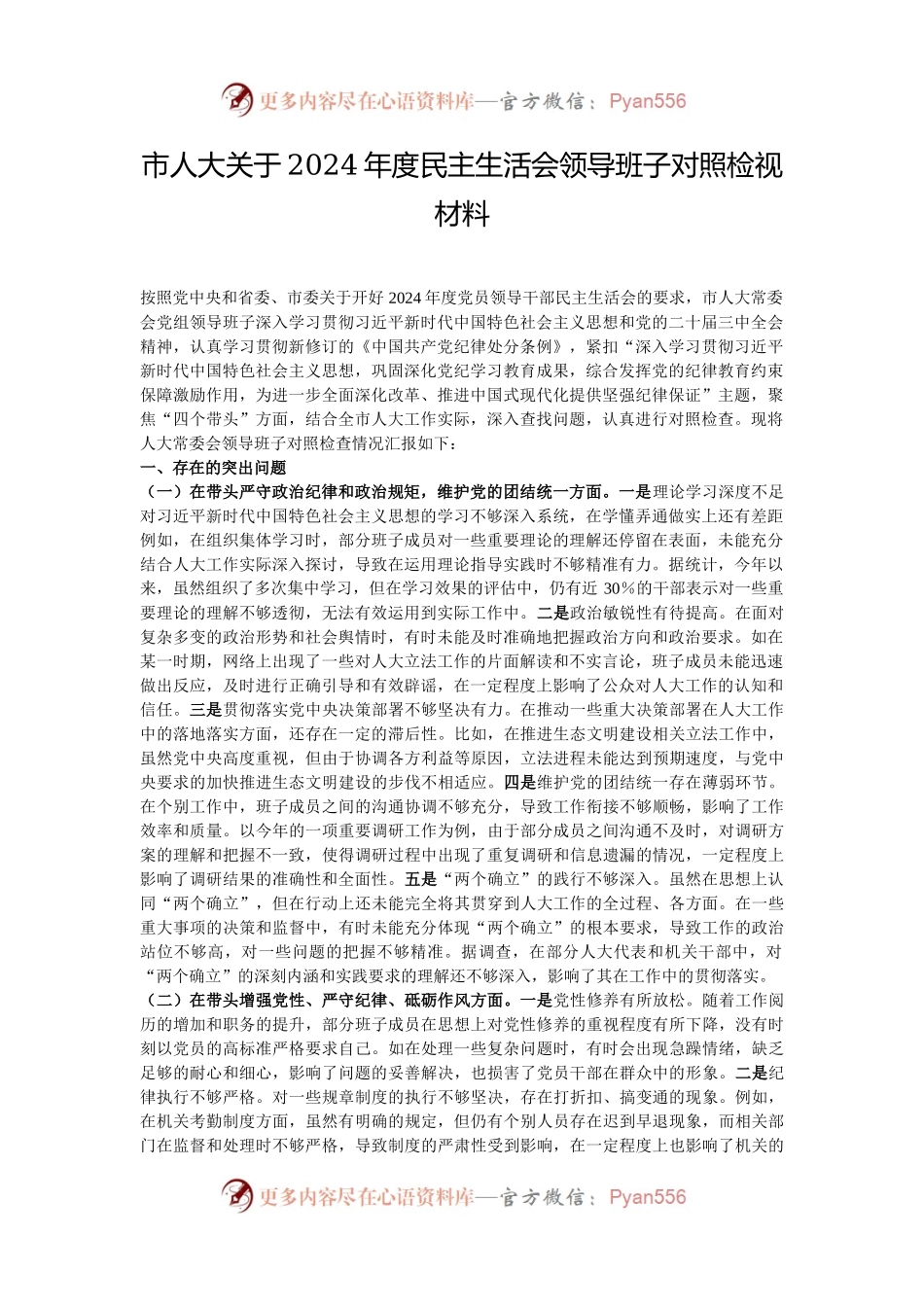 市人大关于2024年度民主生活会领导班子对照检视材料.docx_第1页