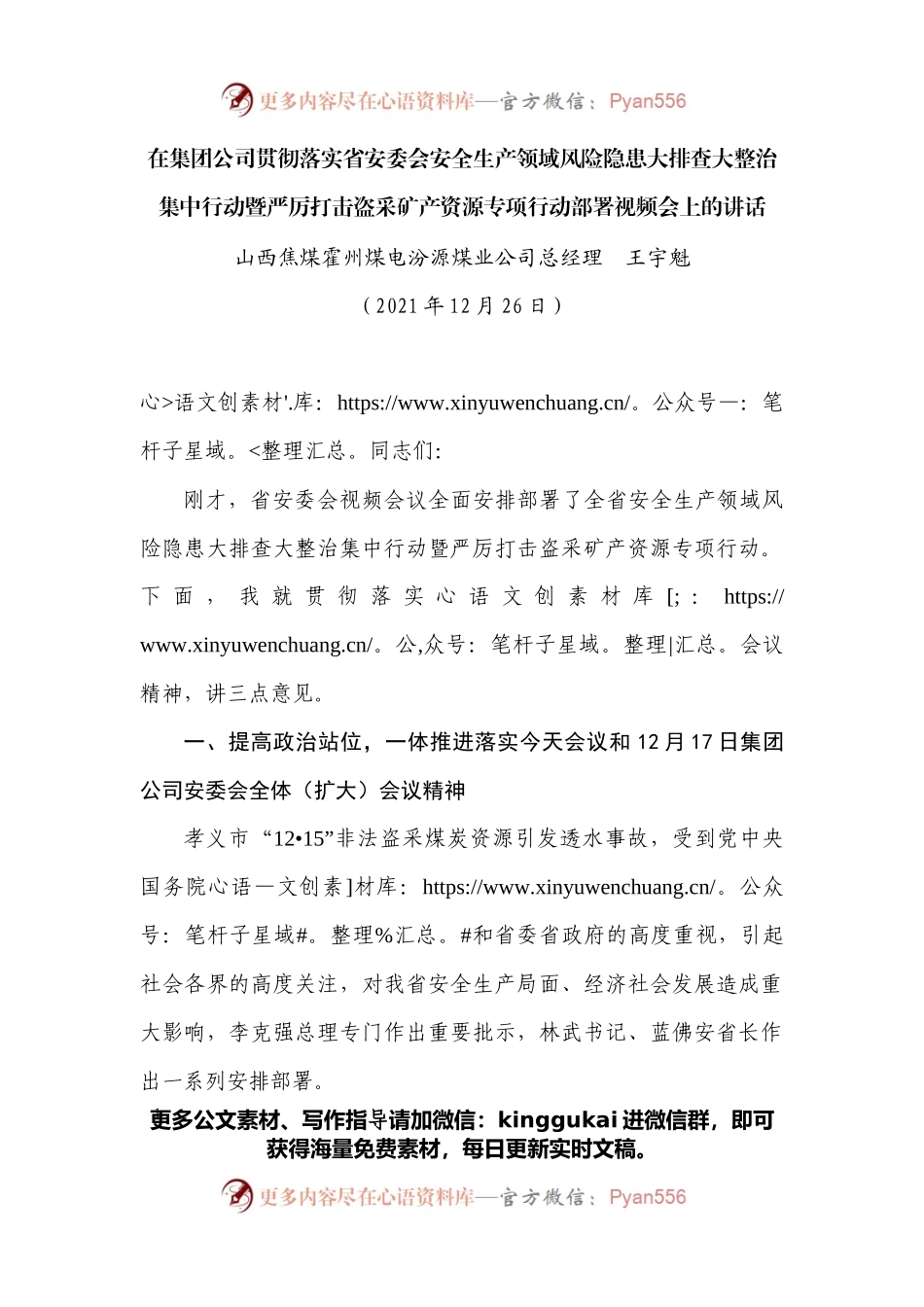 在集团公司贯彻落实省安委会安全生产领域风险隐患大排查大整治集中行动暨严厉打击盗采矿产资源专项行动部署视频会上的讲话.docx_第1页