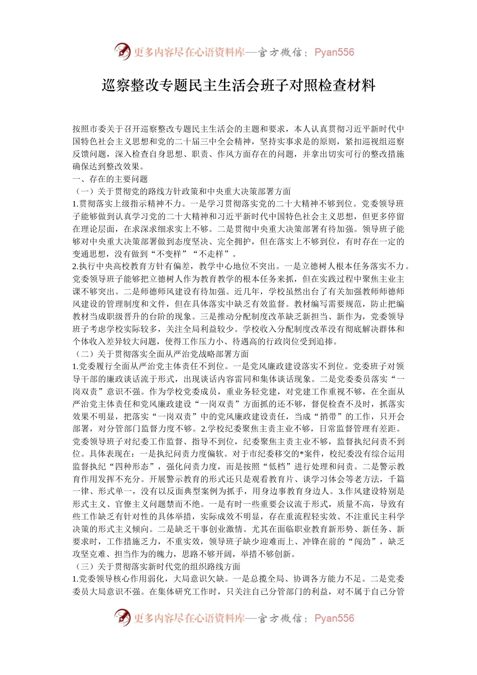 巡察整改专题民主生活会班子对照检查材料.docx_第1页