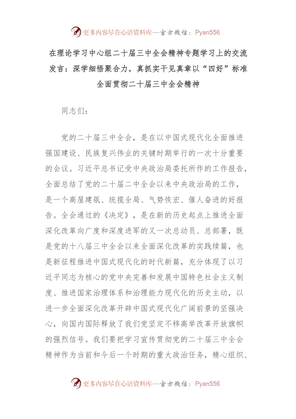 在理论学习中心组二 十届三 中全会精神专题学习上的交流发言：深学细悟聚合力，真抓实干见真章以“四好”标准全面贯彻二 十届三 中全会精神.docx_第1页