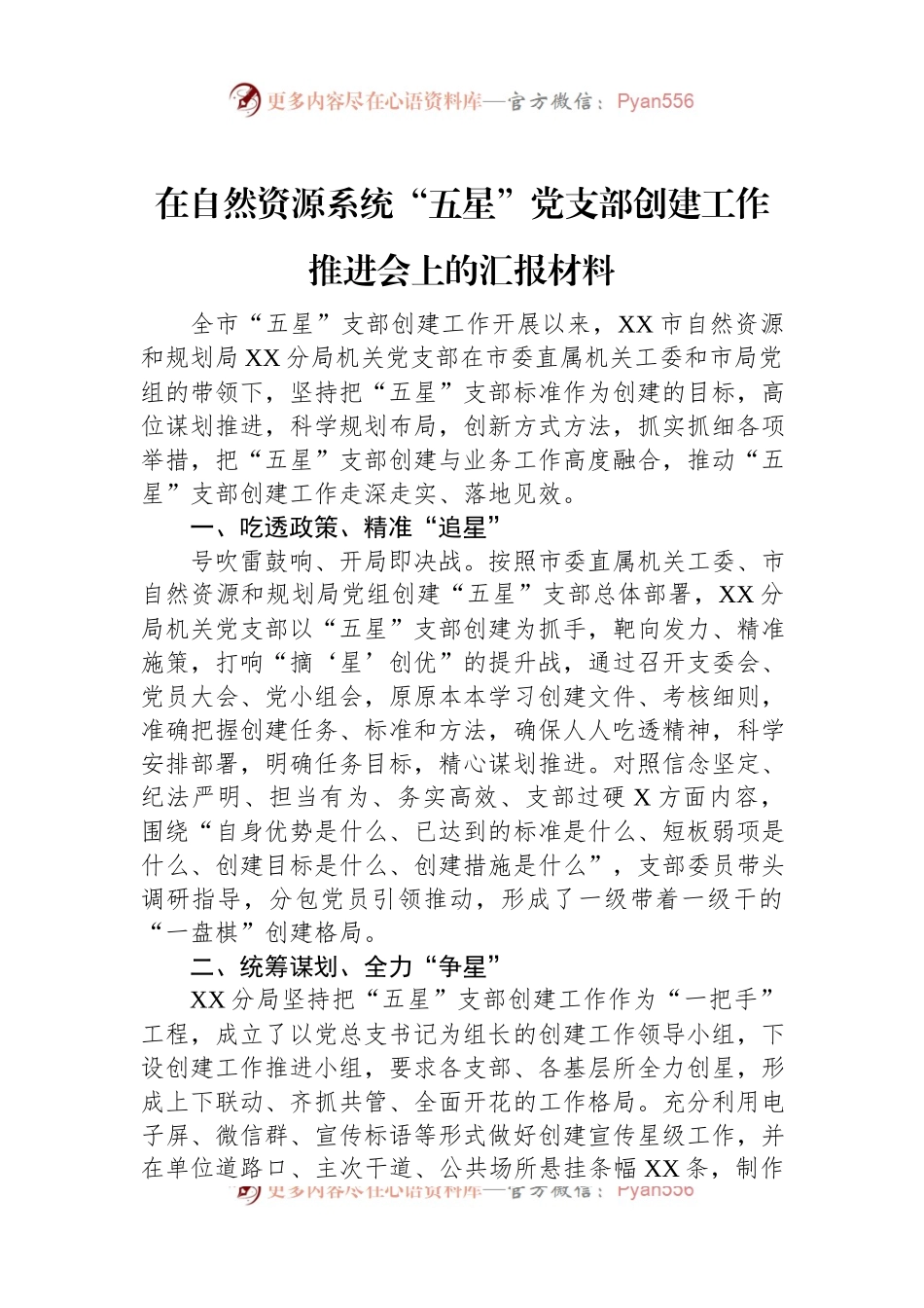 在自然资源系统“五星”党支部创建工作推进会上的汇报材料.docx_第1页